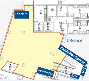 Diagram of the conference space main hall floor plan showing exhibitor space near the entrance next to the stairs.